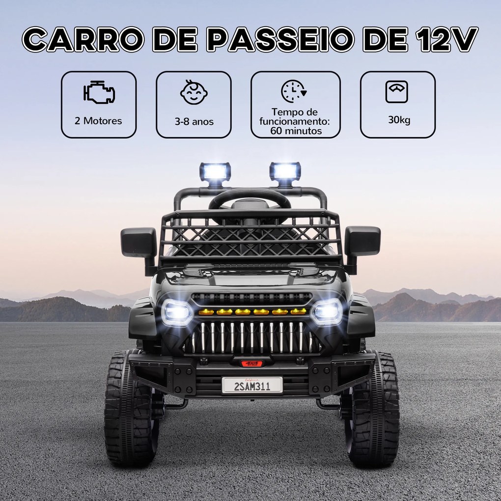 Carro Elétrico para Crianças Carro Elétrico Infantil UTV 12V com Velocidade Ajustável USB e Faróis  95x62,5x65 cm Preto