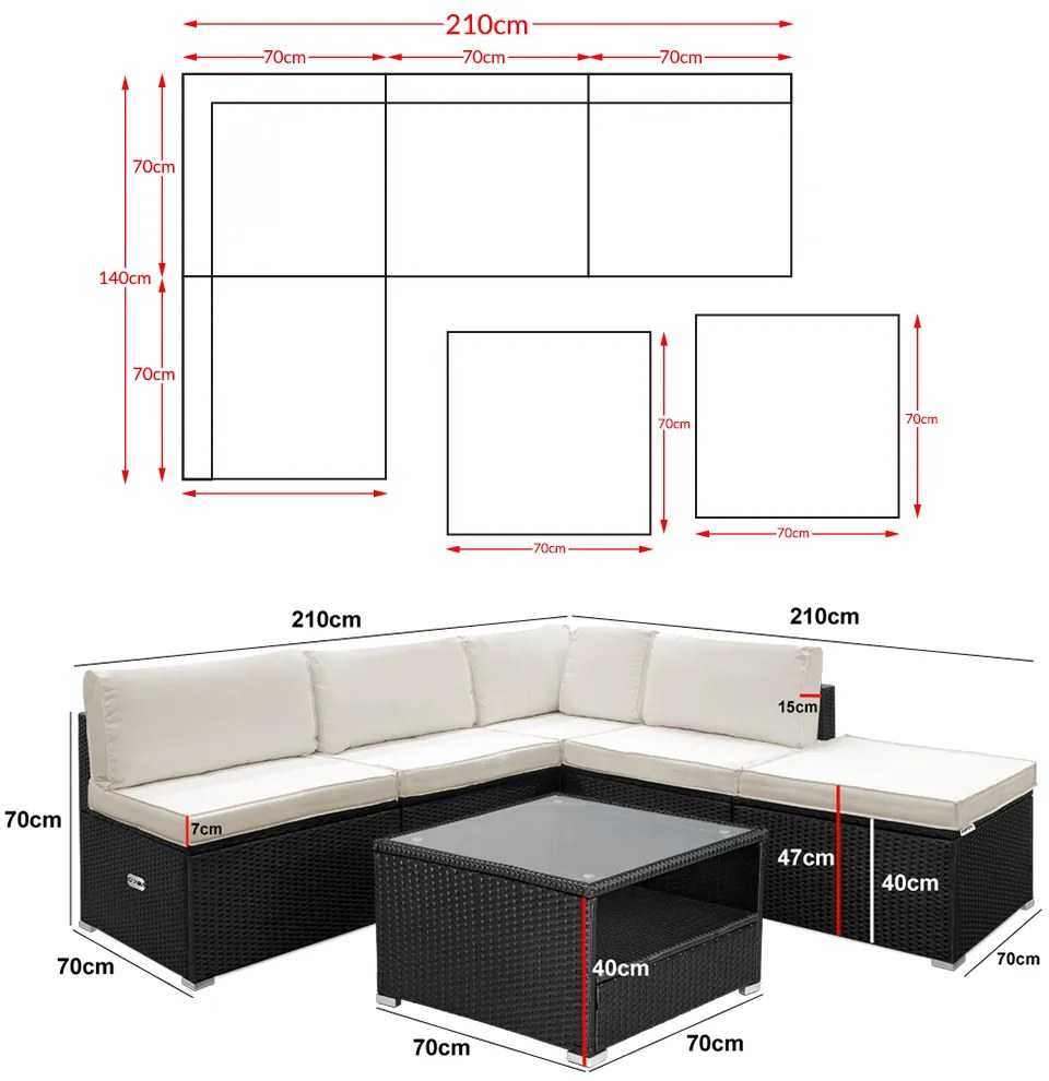 Conjunto de jardim com mesa e assentos em poliratán preto/creme