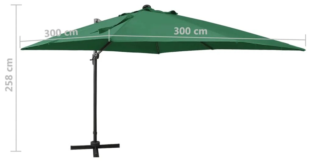 Guarda-sol jardim cantilever c/ poste e luzes LED 300 cm verde