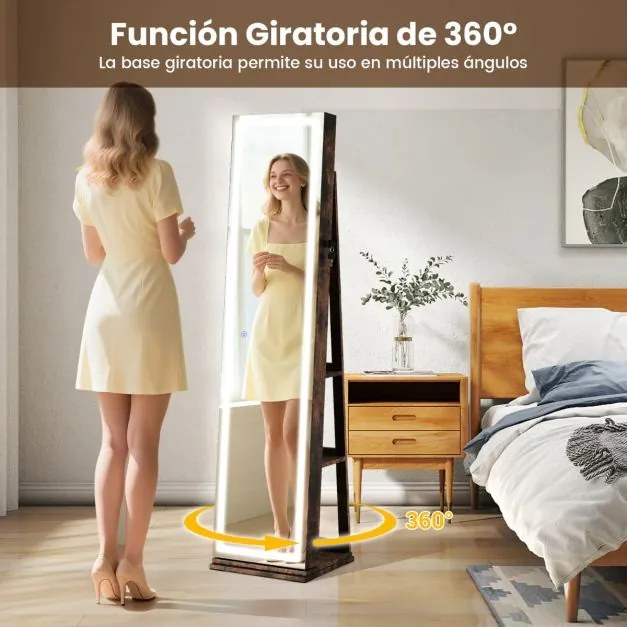 Armário giratório para joias 360° com espelho de corpo inteiro 43 x 38 x 160 cm iluminado e prateleiras traseiras 3 caixas Castanho