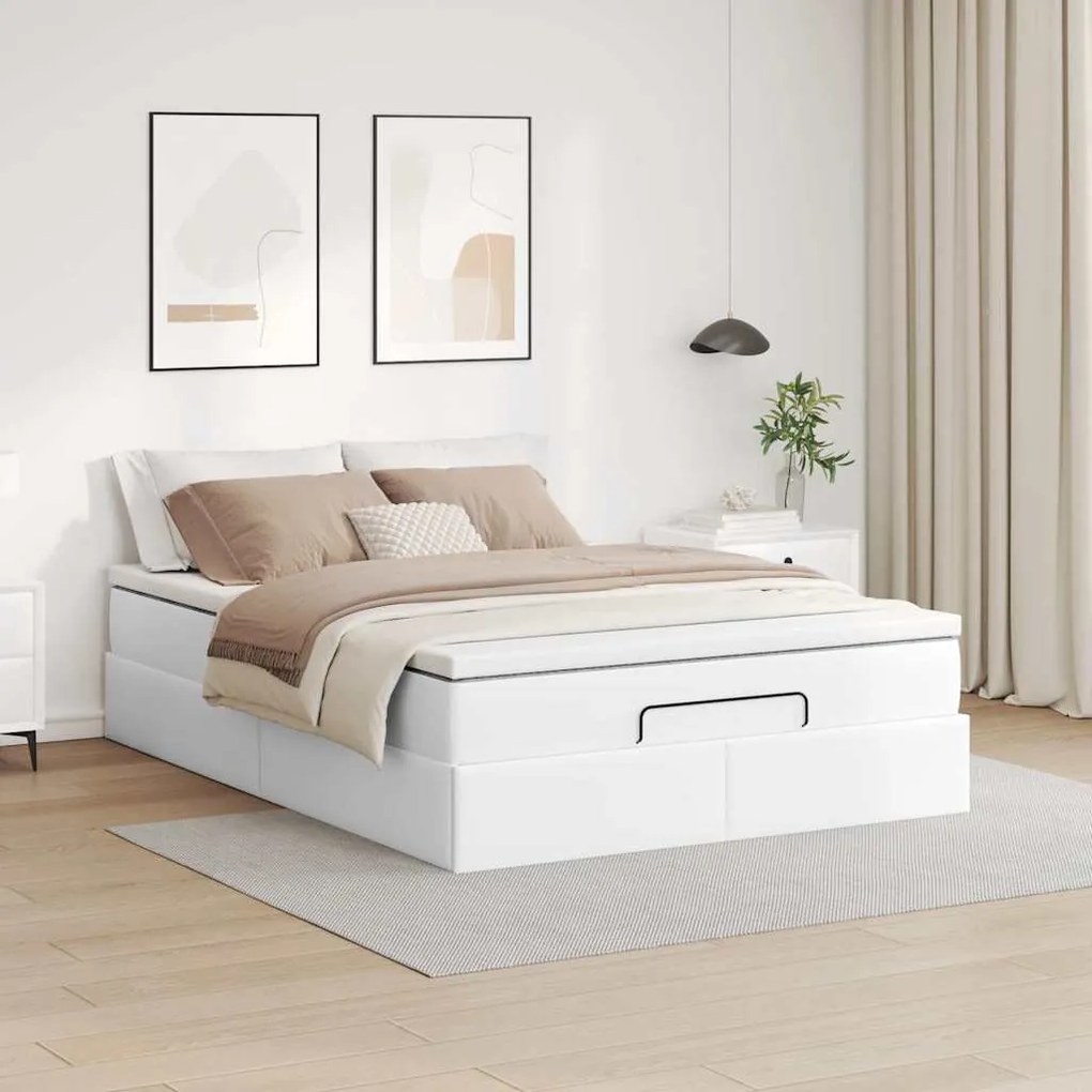 Estrutura de cama otomana com colchão branco couro falso