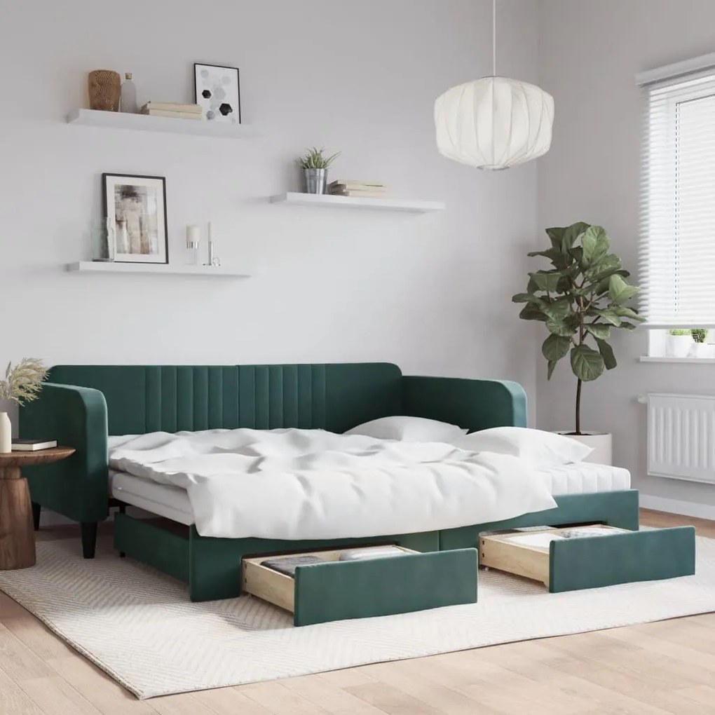 Sofá-cama c/ gavetão e gavetas 100x200 cm veludo verde-escuro