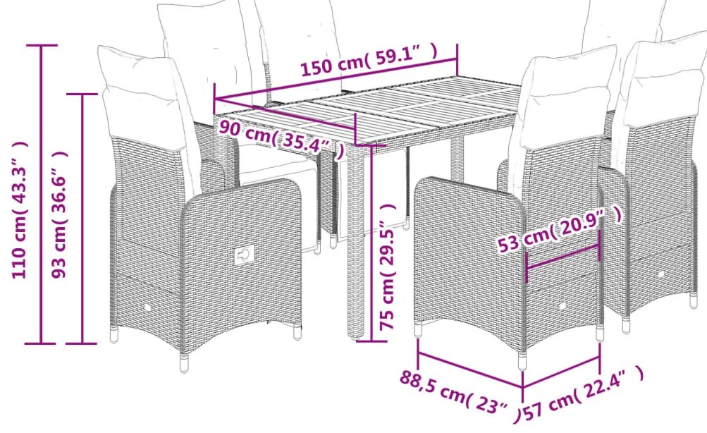 7 pcs conjunto de bistrô p/ jardim c/ almofadões vime PE preto