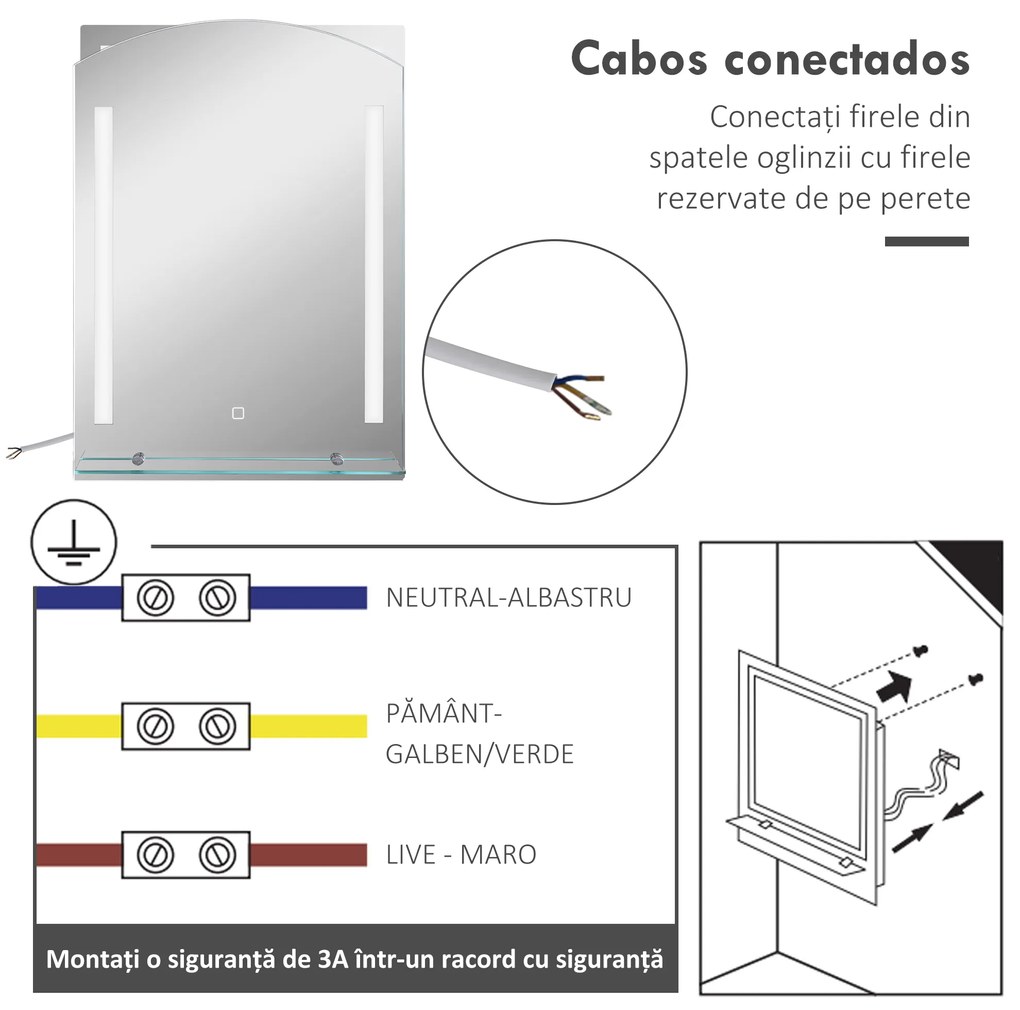 Espelho Casa de Banho com Luzes LED 70x50 cm Interruptor Tátil Iluminação Ajustável Função de Memória e Prateleira de Vidro Prata