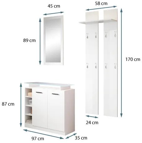 Conjunto de Entrada Setúbal – Branco Brilhante – Móvel, Espelho e Cabi