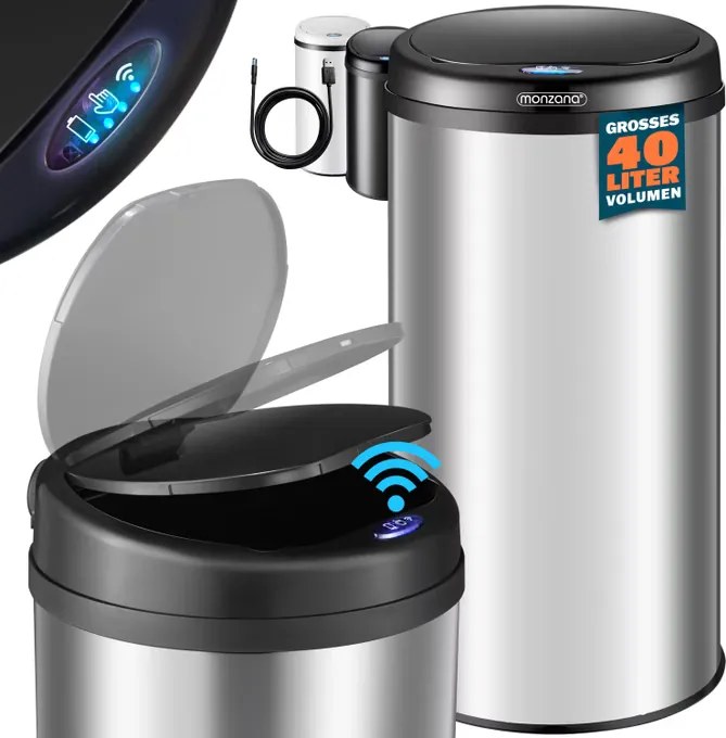 Caixote do lixo em aço inoxidável com sensor e até 40 L, Ø30 x 69 cm Prateado