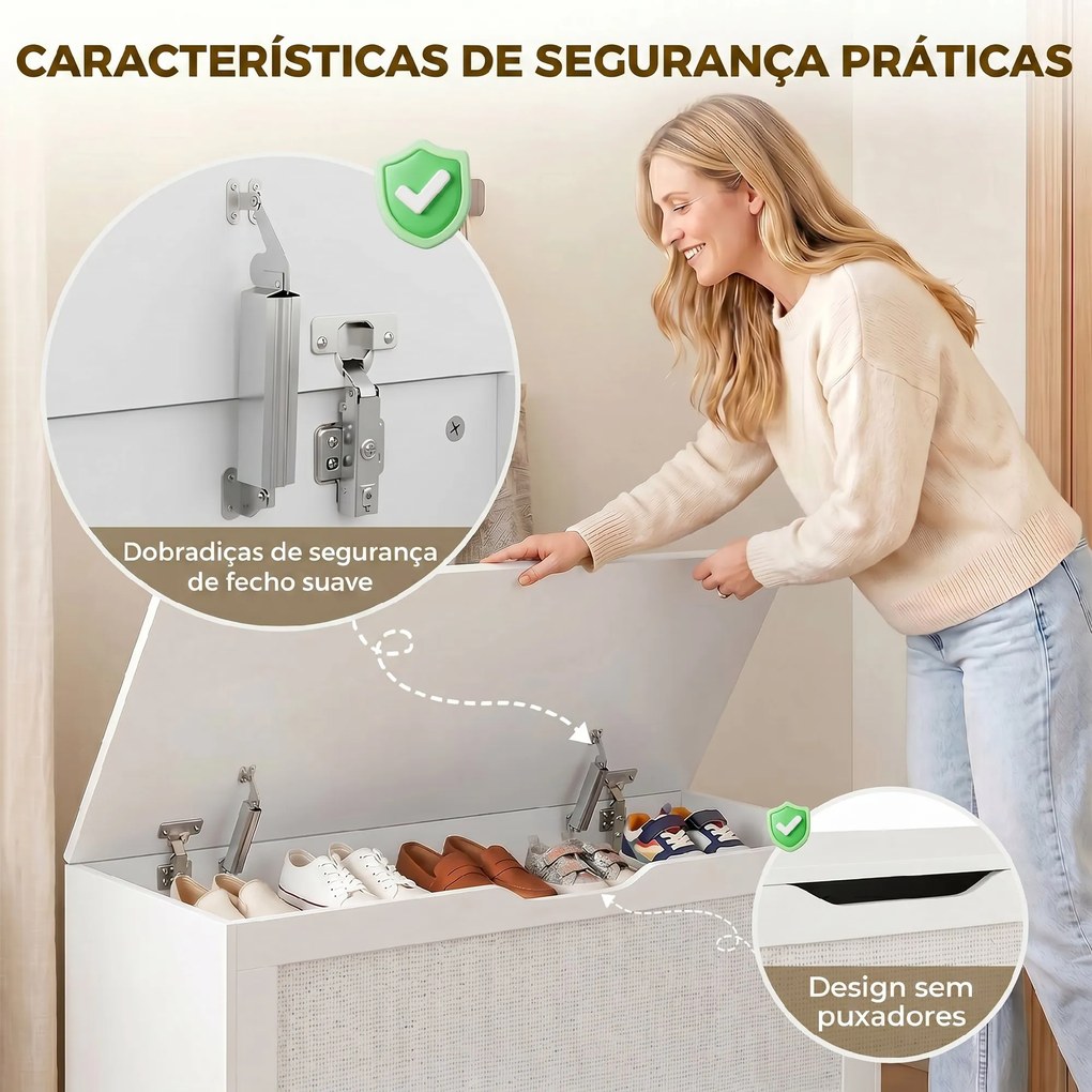 Baú de Arrumação 136L com Painel de Ratã e Tampa com Braços de Apoio, 100x40x45 cm, Branco