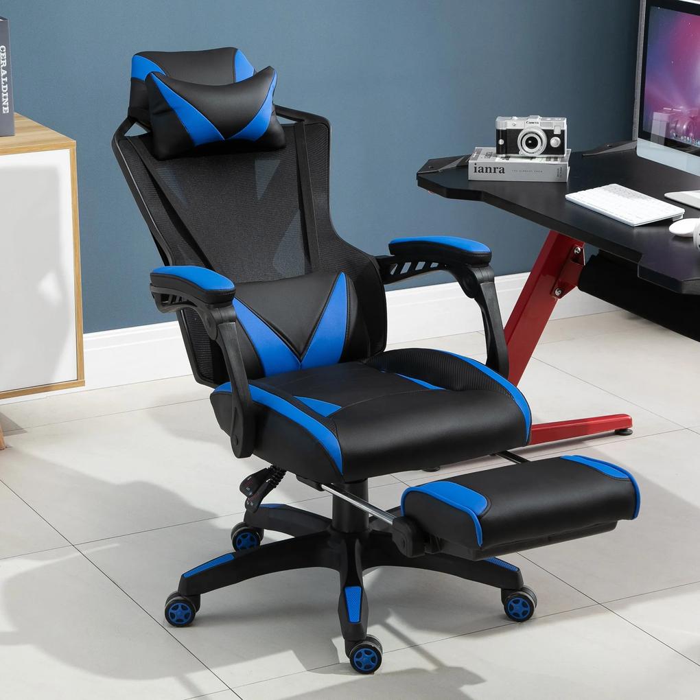 Vinsetto Cadeira Gaming Ergonómica Cadeira Gaming para Escritório com Altura Ajustável Encosto Regulável Almofada Lombar Apoio para os Pés Retráteis 65x70x117-125cm Azul