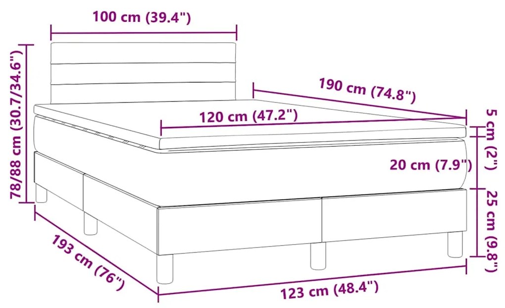 Cama box spring c/ colchão e LED 120x190 cm tecido cinza-escuro