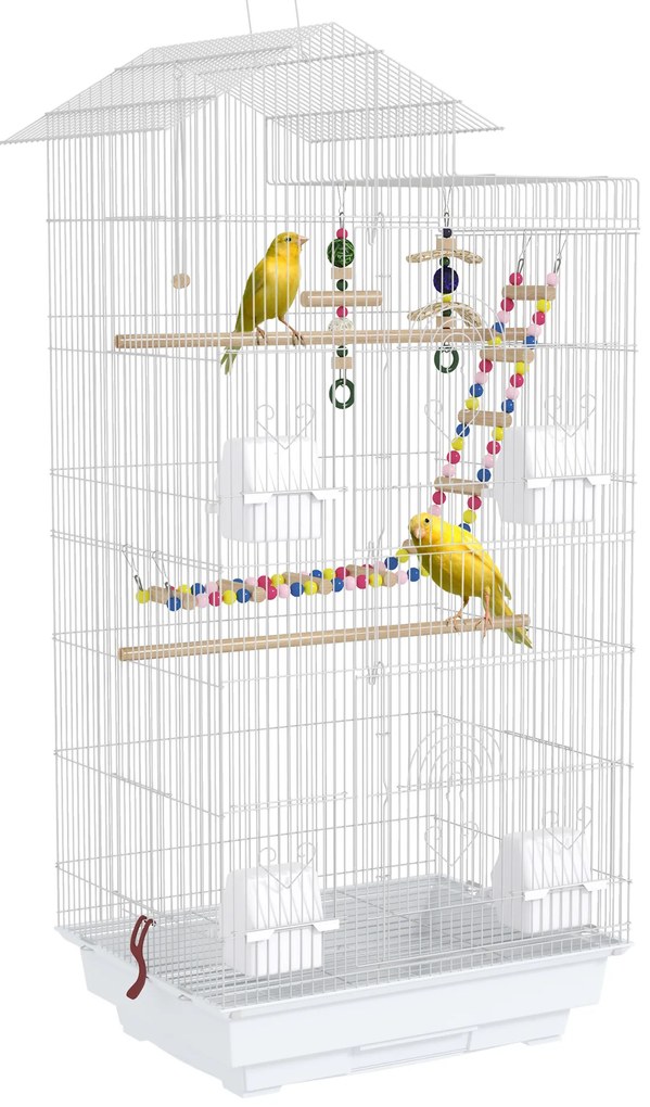 PawHut Gaiola para Passáros de Metal com Portas 4 Comedouros 3 Poleiros Baloiço Escadas e Bandeja Removível  46x36x100 cm Branco | Aosom Portugal