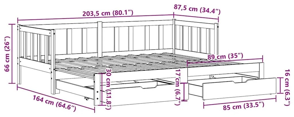 Sofá-cama com gavetão e gavetas sem colchão 80x200 cm