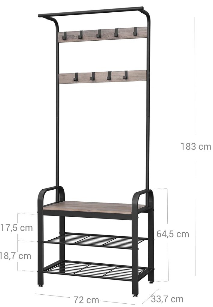 Cabide Bengaleiro entrada Hall com banco e sapateira 33,7 x 72 x 183 cm preto-greige