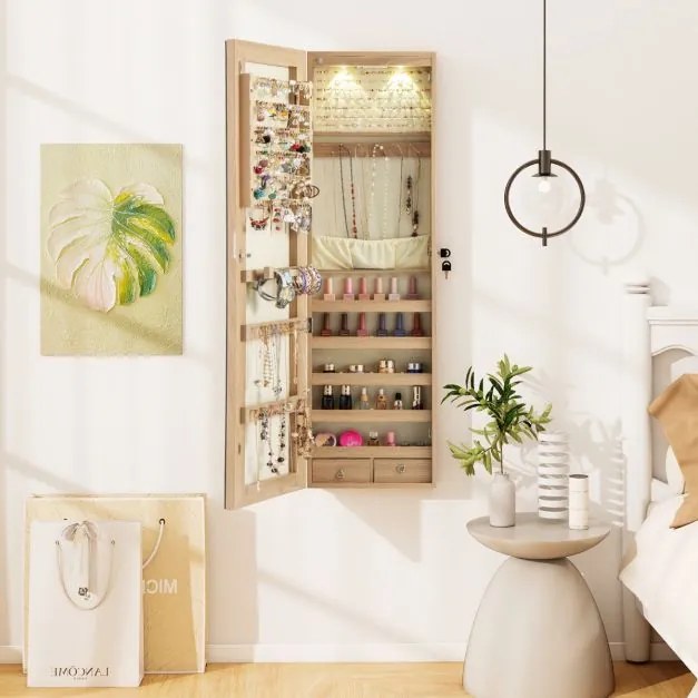 Armário de joias em madeira com espelho de parede e LED interno Organizador de porta ou parede com chave 35,5 x 10 x 120 cm Natural