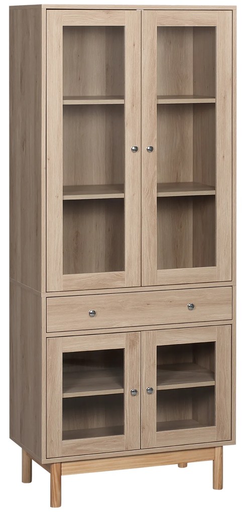 HOMCOM Armário de Cozinha Móvel Auxiliar de Cozinha com 1 Gaveta 4 Portas de Vidro Prateleiras Ajustáveis e Pés Elevados para Sala de Jantar Sala de Estar Anti-Tombamento 76x40x183cm Carvalho