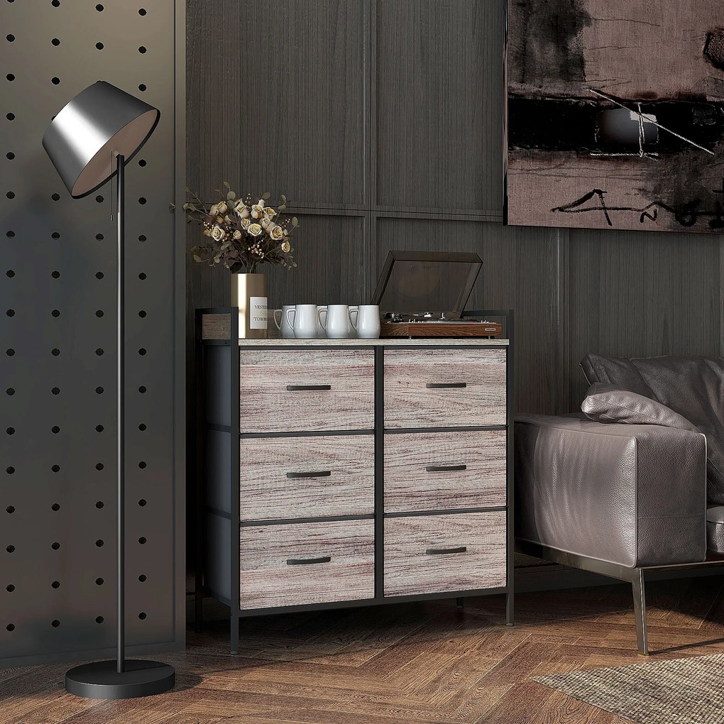 Cómoda com 6 Gavetas Dobráveis de Tecido Estrutura de Aço e Estilo Industrial 79x29x85 cm Cinzento