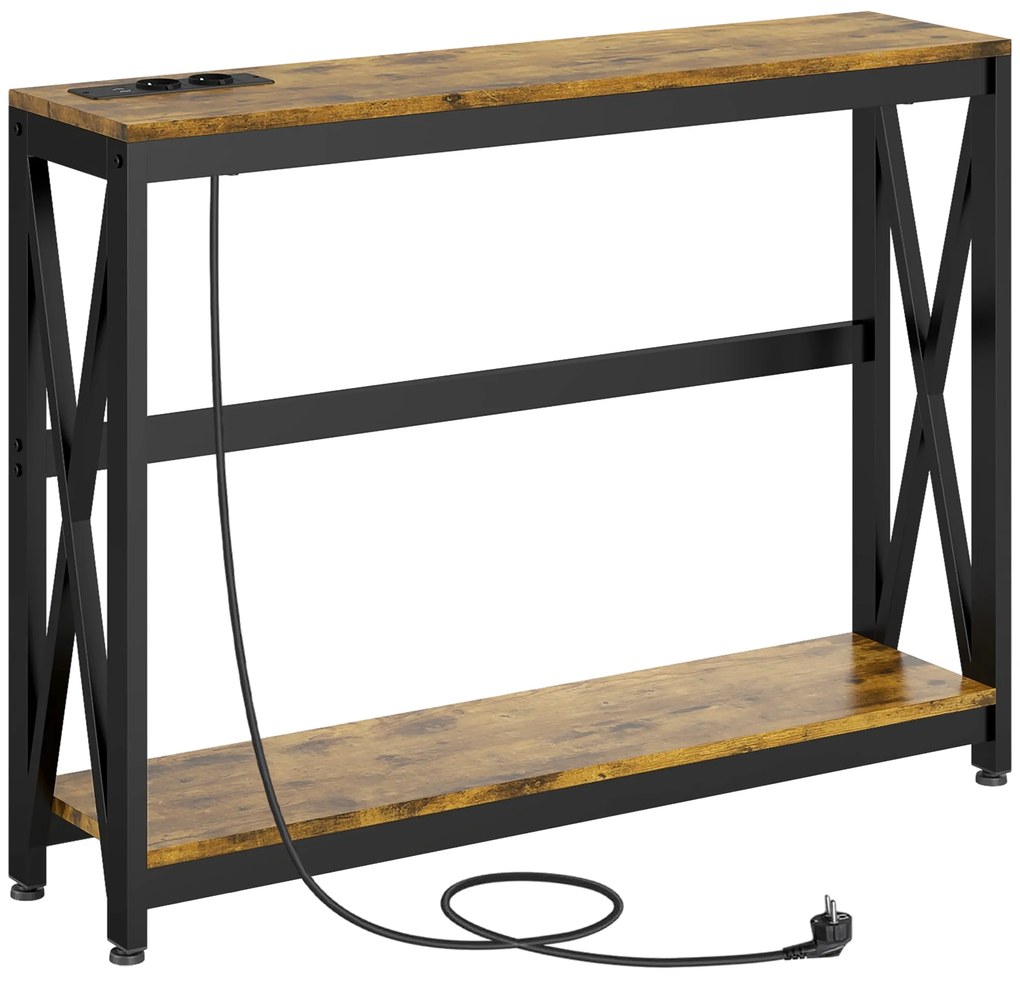 HOMCOM Mesa Consola de Estilo Industrial Mesa de Entrada de 2 Níveis com Estação de Carregamento 100x24x75 cm Castanho Rústico