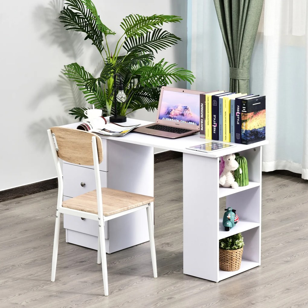 Secretária multimédia com várias opções de arrumação: 3 gavetas e 2 prateleiras, 120 x 49 x 72 cm, branca