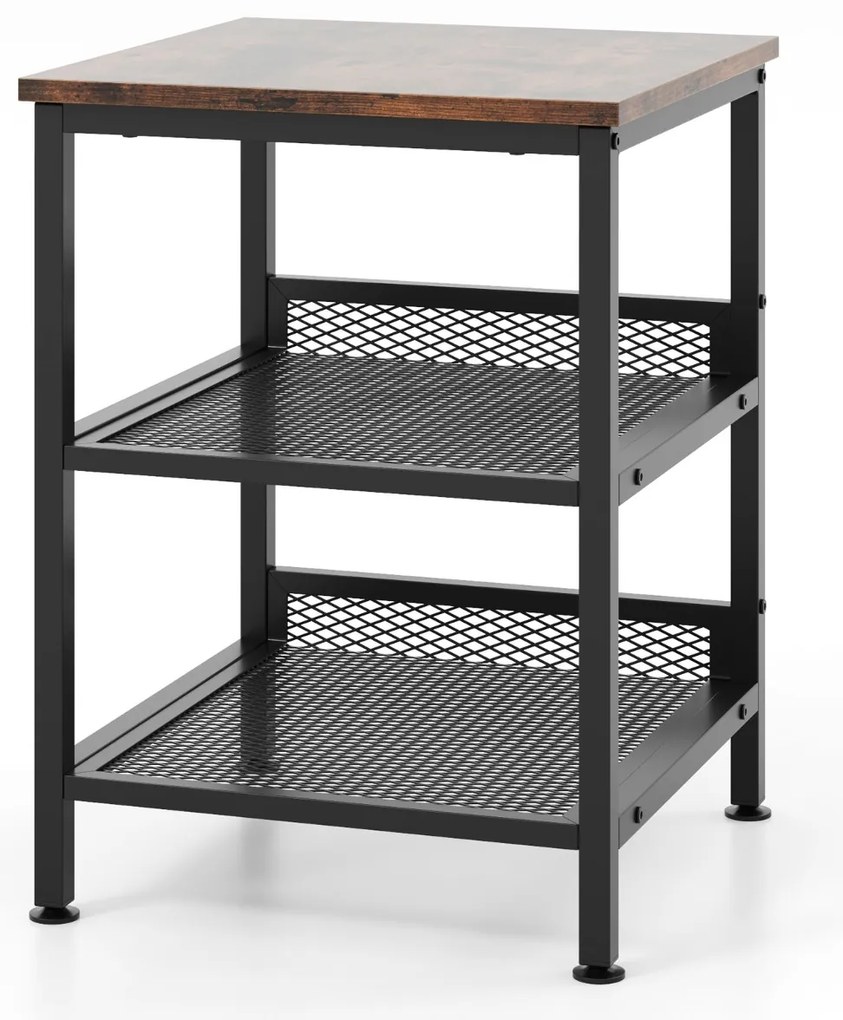 Mesa de apoio, mesa de cabeçeira de 3 níveis quadrada com duas estantes de rede para sala de estar Quarto 40 x 40 x 54 cm Castanho