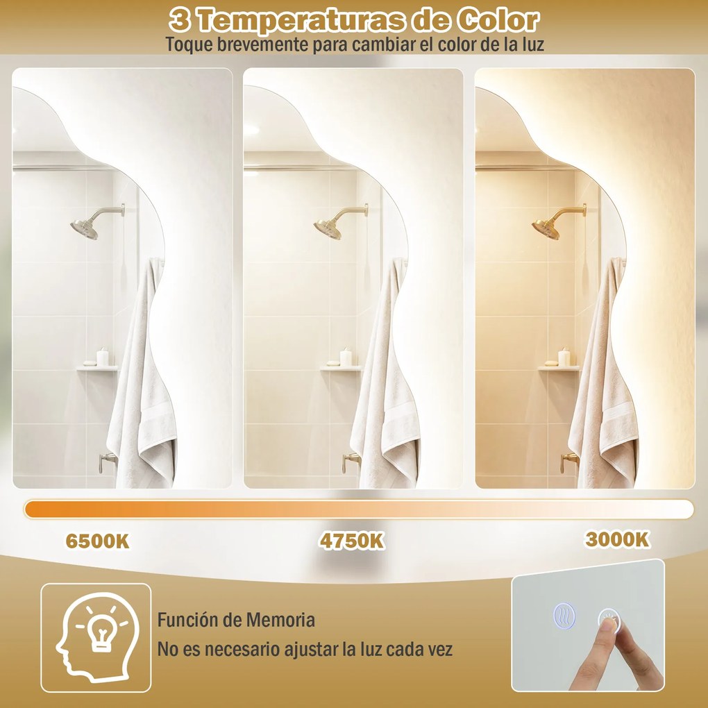 Espelho de casa de banho LED assimétrico com 3 luzes 70 x 50 x 3,5 cm, intensidade regulável, função antiembaciamento e vidro temperado prateado