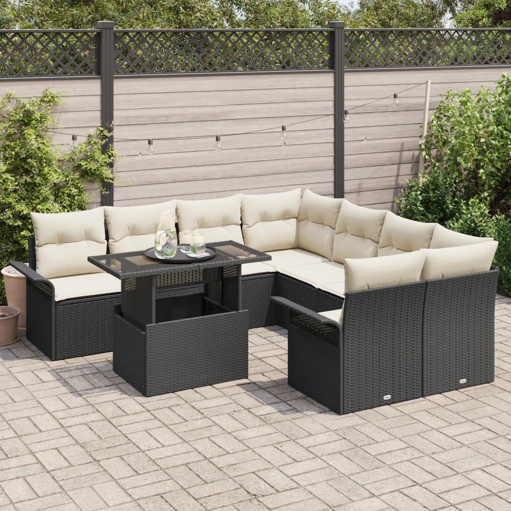 Conjunto de Sofá de Jardim com 9 Peças e Almofadas - Rattan Preto