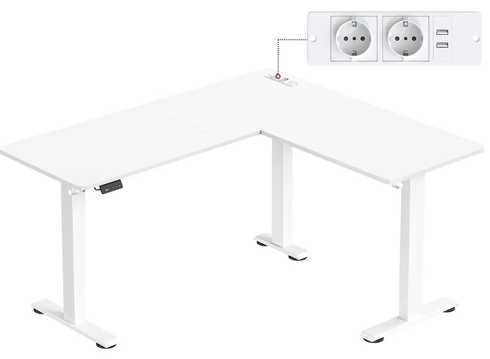 Secretária de canto em L com altura ajustável eletricamente e estação de carregamento 140 x 160 x 72–120 cm Branco