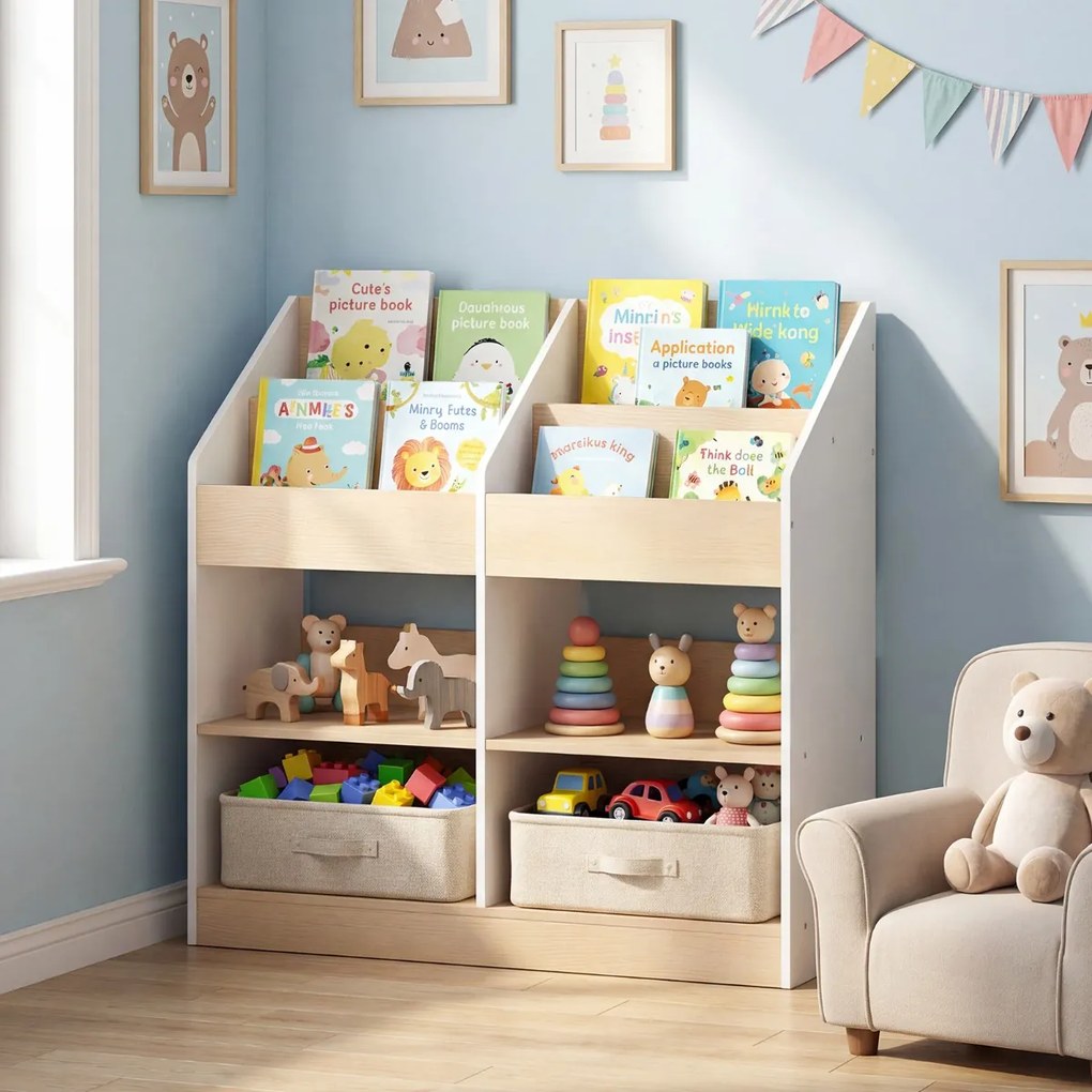 Estante infantil com 4 cubos verticais e 4 compartimentos 80 x 29,5 x 80 cm para expor livros e organizar brinquedos, Branco + Natural