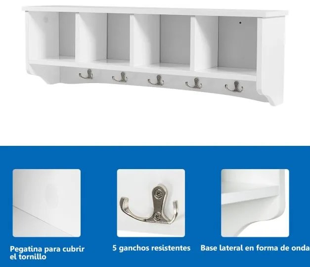 Cabide de parede para hall de entrada com 4 compartimentos e 5 ganchos duplos 72 x 15,5 x 23 cm Branco