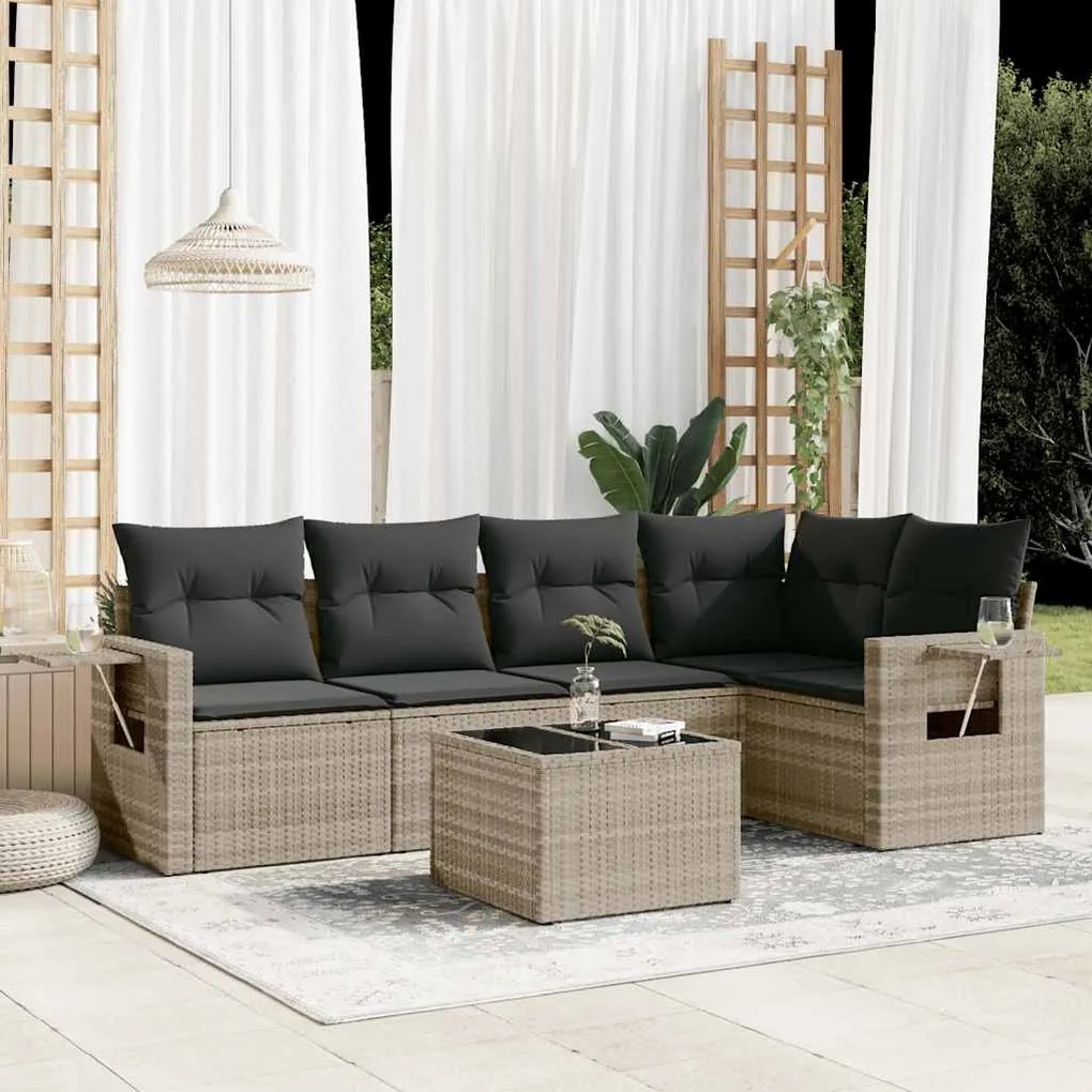 vidaXL 6 pcs conj. sofás jardim com almofadões vime PE cinzento-claro