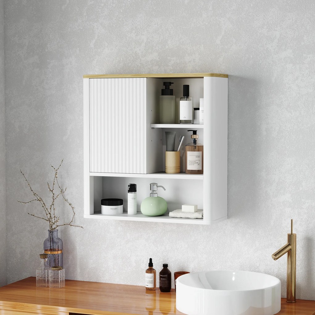 Armário de Parede para Casa de Banho com Porta Deslizante 5 Compartimentos e Prateleiras Ajustáveis 60x20x62 cm Branco