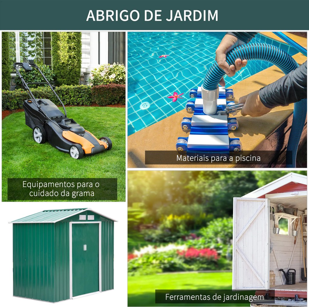Abrigo de Jardim 213x130x185cm Abrigo de Jardim Metálico de Exterior com 2 Portas Deslizantes e 4 Janelas Verde