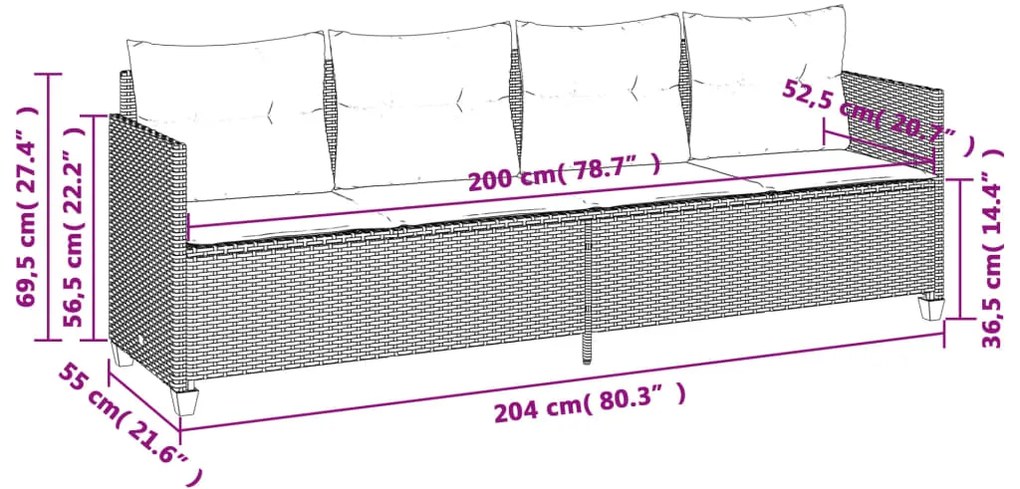 5 pcs conjunto sofás de jardim com almofadões vime PE preto