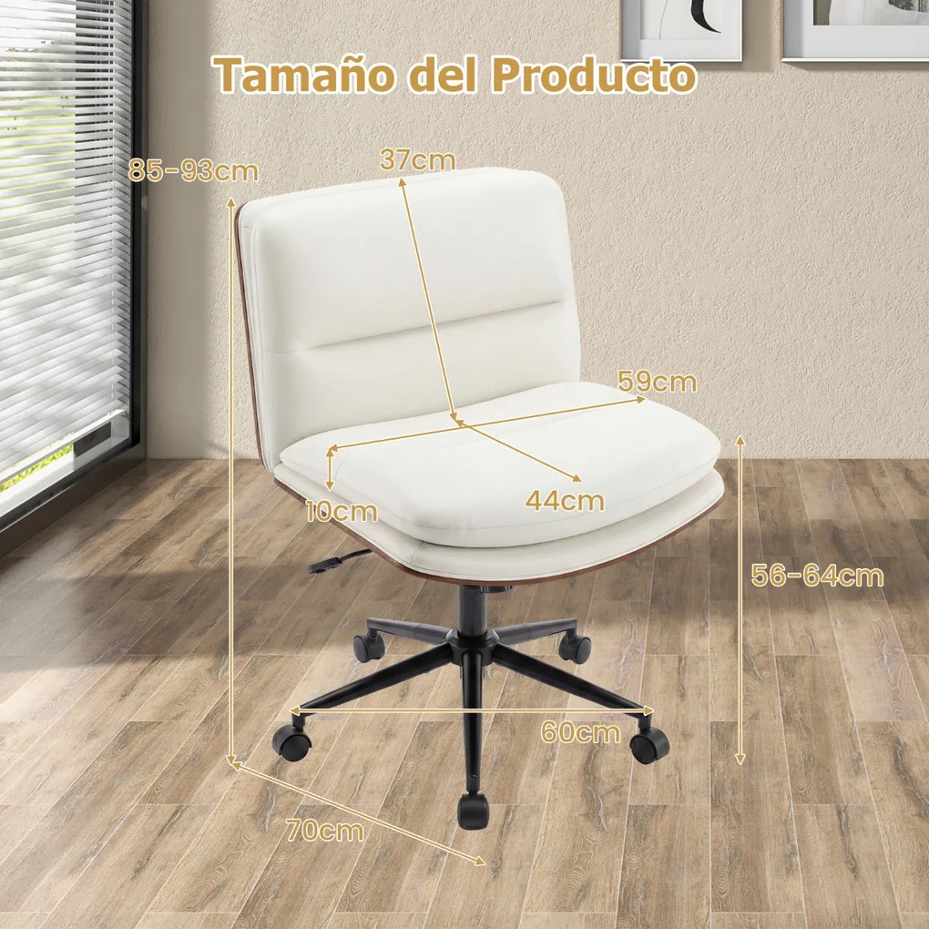 Cadeira de escritório ergonómica, sem braços, com altura ajustável de 85 a 93 cm, encosto reclinável e assento almofadado, Branca