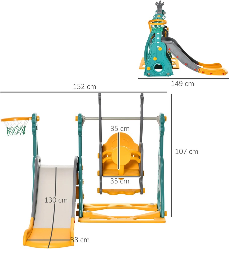 Escorega Infantil com Baloiço e Cesta de Basquetebol 3 em 1 para 18-36 Meses com Assento Ajustável Parque Infantil para Interior e Exterior 152x149x10