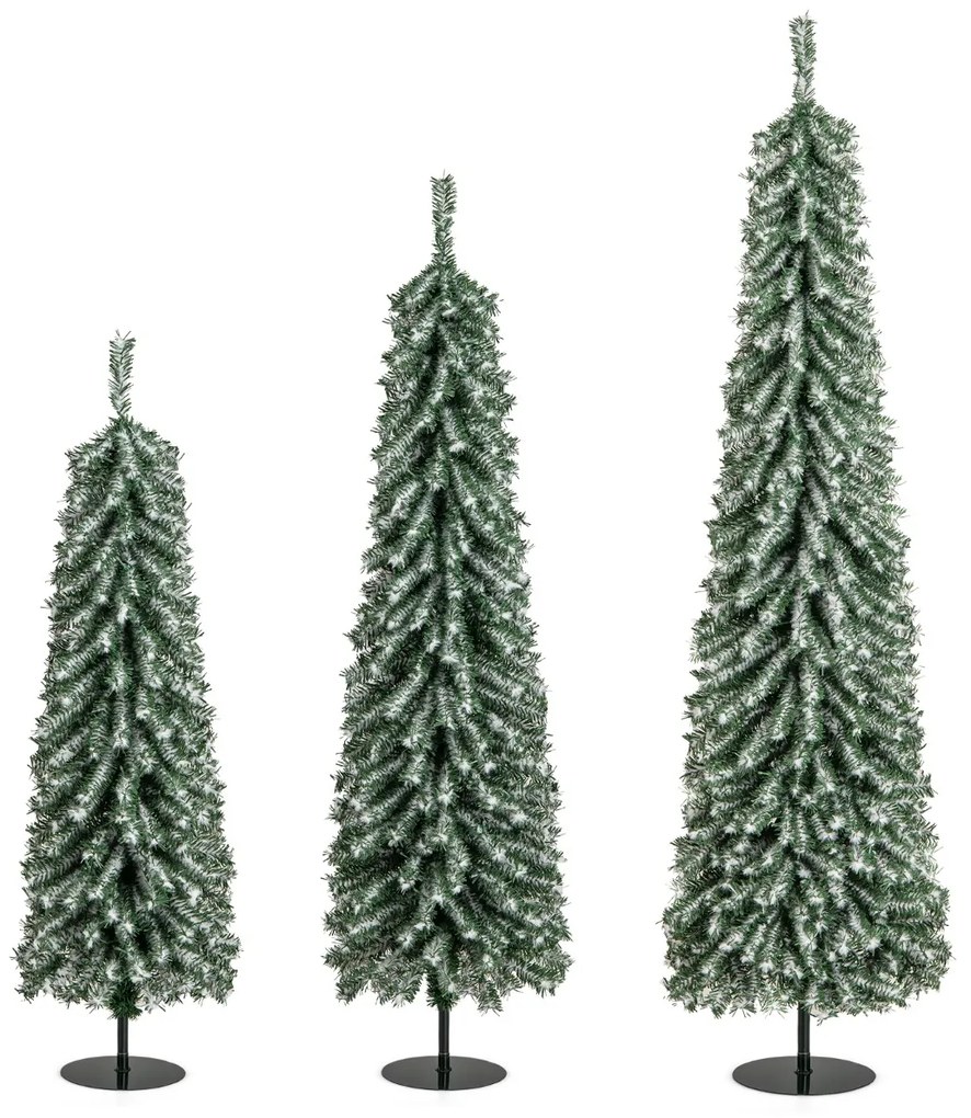 Conjunto de 3 árvores de Natal artificiais em forma de lápis 120/150/180cm com neve realista 100/120/180 luzes LED 216/302/505 pontas de ramos Verdes
