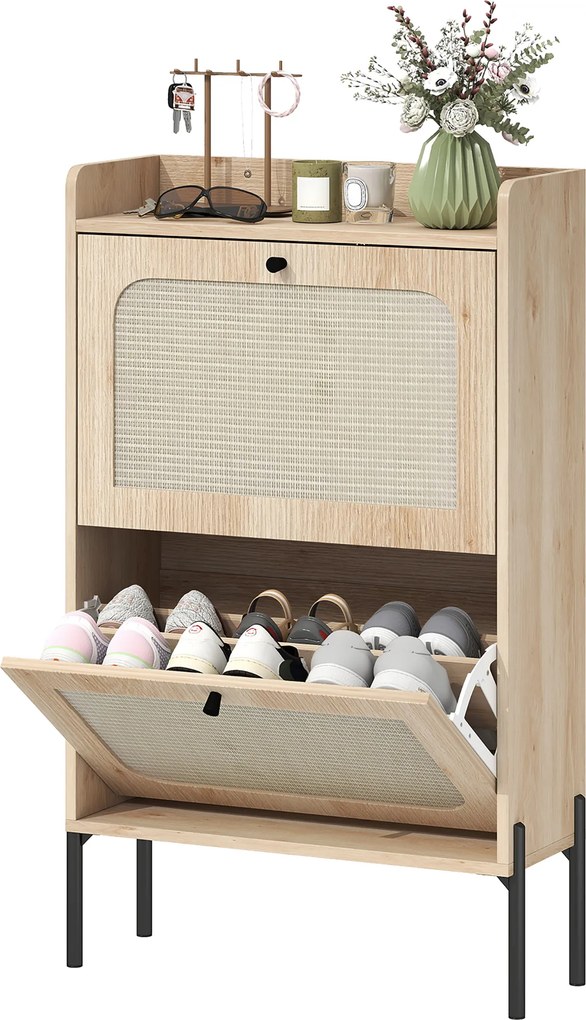 Sapateira com capacidade para 12 pares, 60 x 23,7 x 99,5 cm, 2 gavetas rebatíveis, portas em rattan e prateleiras ajustáveis, cor carvalho