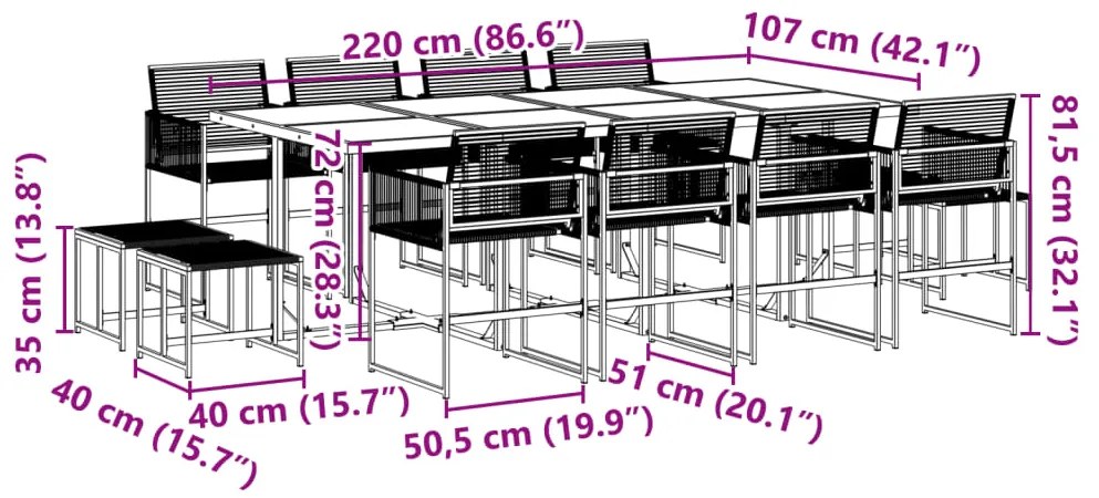 13 pcs conjunto de jantar p/jardim vime PE preto