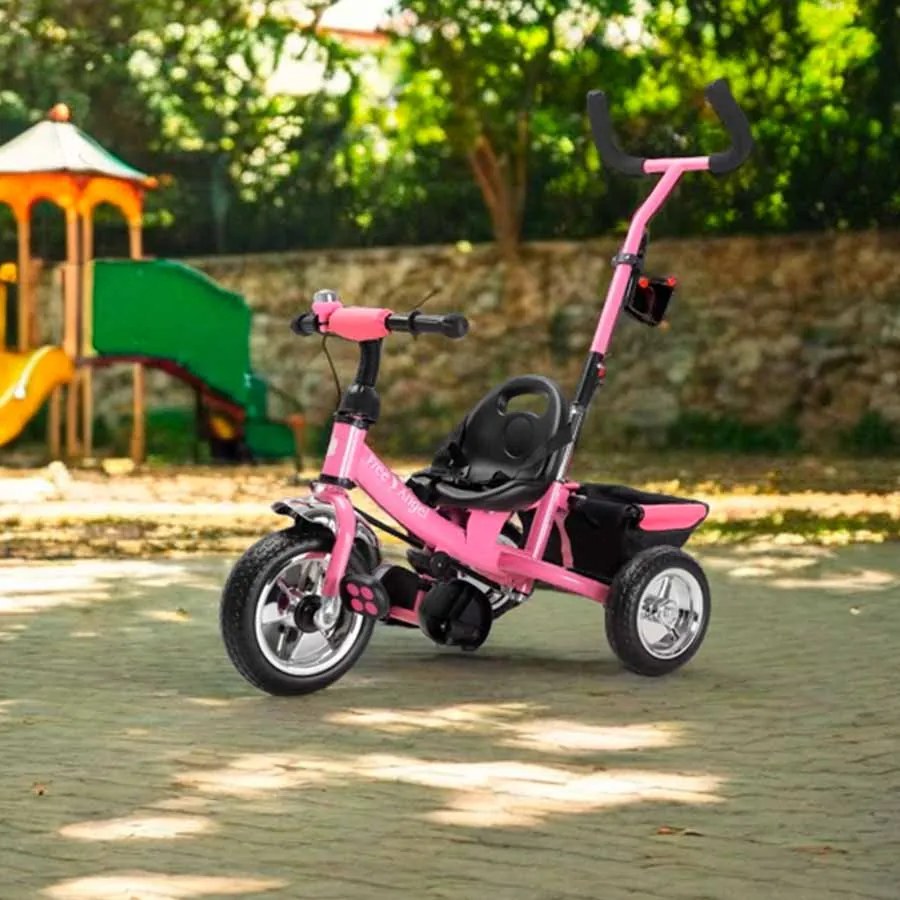 Triciclo para crianças Free Angel com Barra de empurrar em metal cor-de-rosa