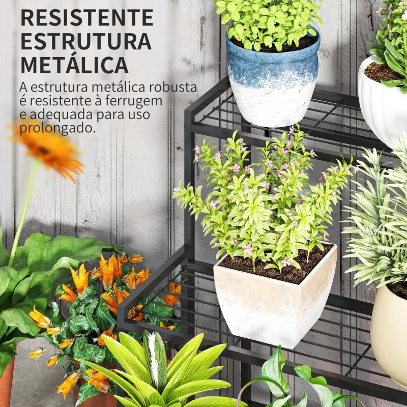 Suporte para Plantas de Três Níveis com Design em Escada e Estrutura Metálica Resistente para Interior e Exterior Preto