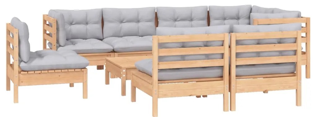 9 pcs conjunto lounge de jardim + almofadões cinza pinho maciço