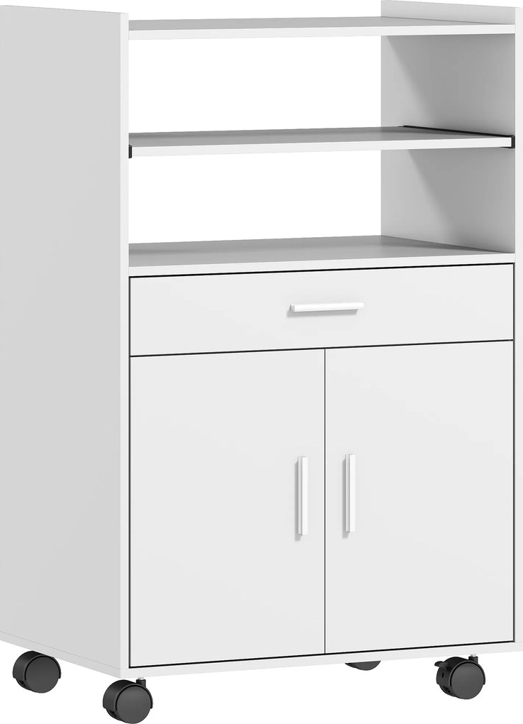 HOMCOM Armário para micro-ondas, Prateleira, Armário de duas portas, Gaveta, Rodízios, Branco | Aosom Portugal