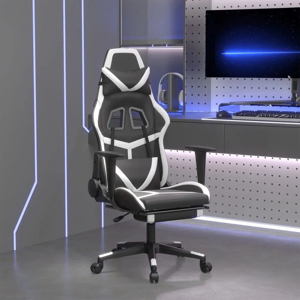 vidaXL Cadeira de gaming c/ apoio pés couro artificial preto/branco