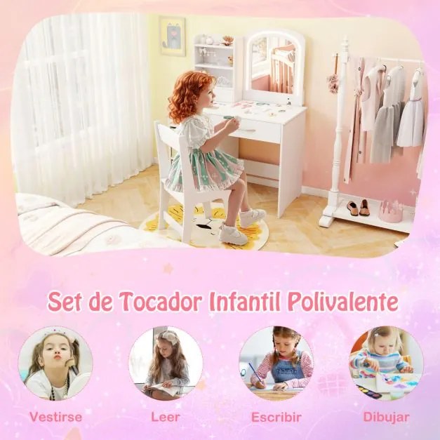 Conjunto de Toucador para Crianças com Espelho Iluminado para Princesas com Luzes Branco