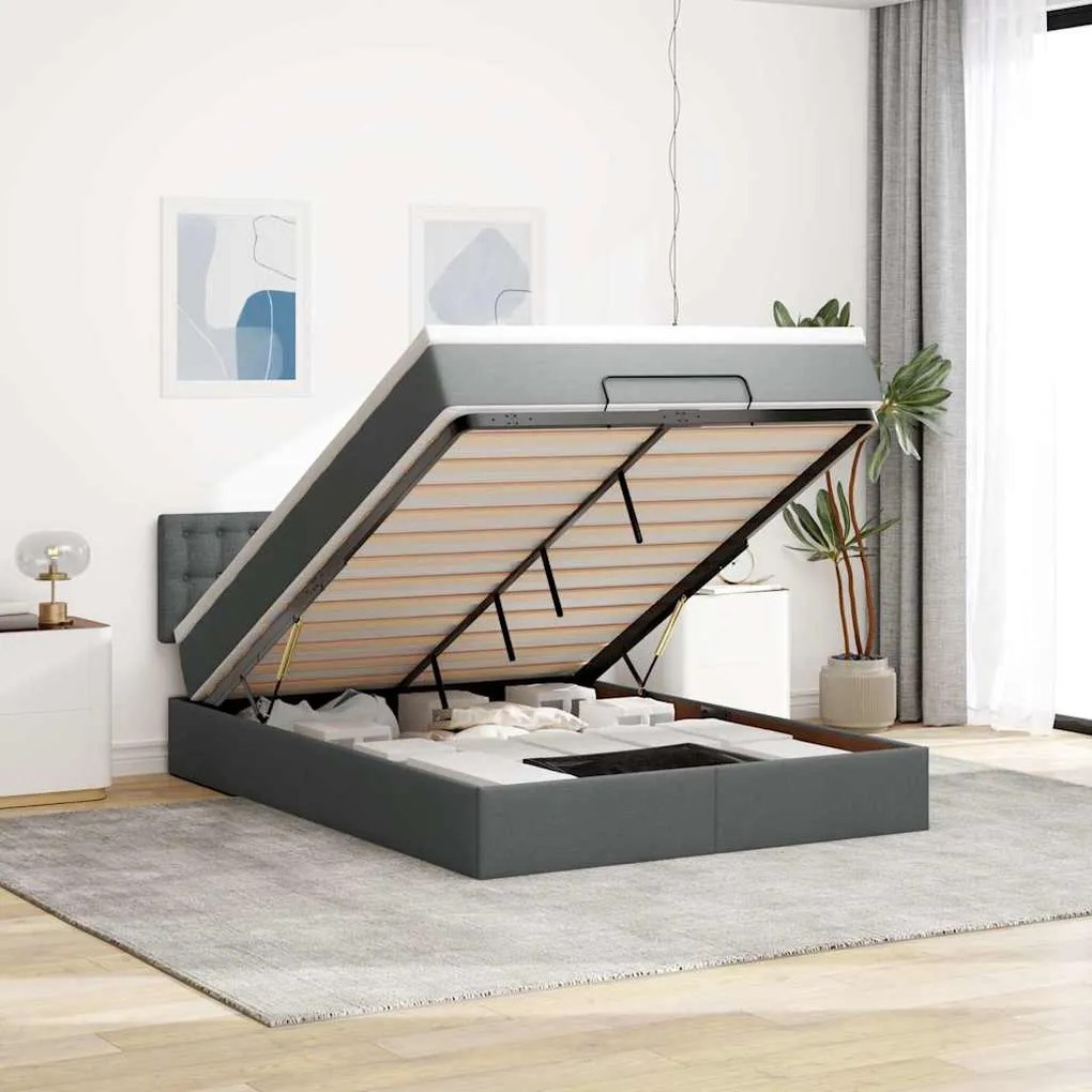 Cama otomana com colchão 140x200 cm tecido cinzento escuro