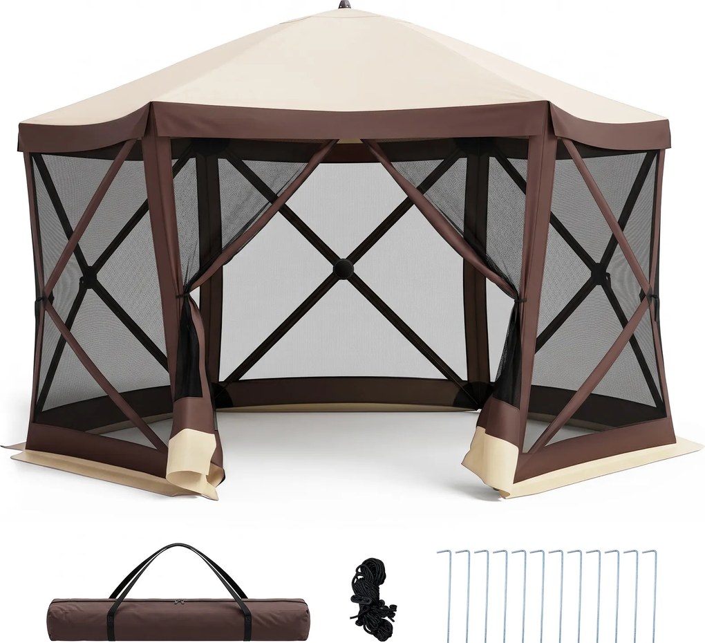 Tenda de Jardim Hexagonal, 355 x 300 x 230 cm, Montagem Rápida, Castanho