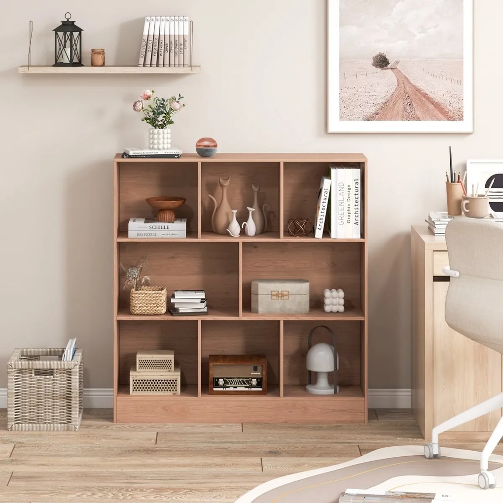 Estante de 8 cubos com 3 níveis de organização de arrumação Estante anti-queda para sala de estar, quarto, escritório Natural