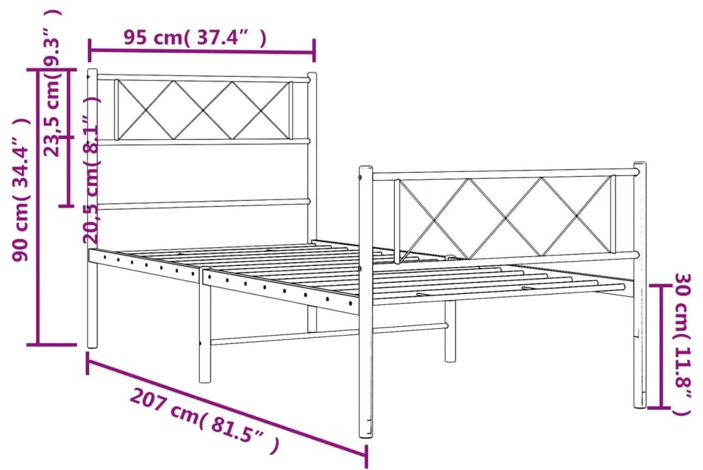 Estrutura de cama com cabeceira e pés 90x200 cm metal branco