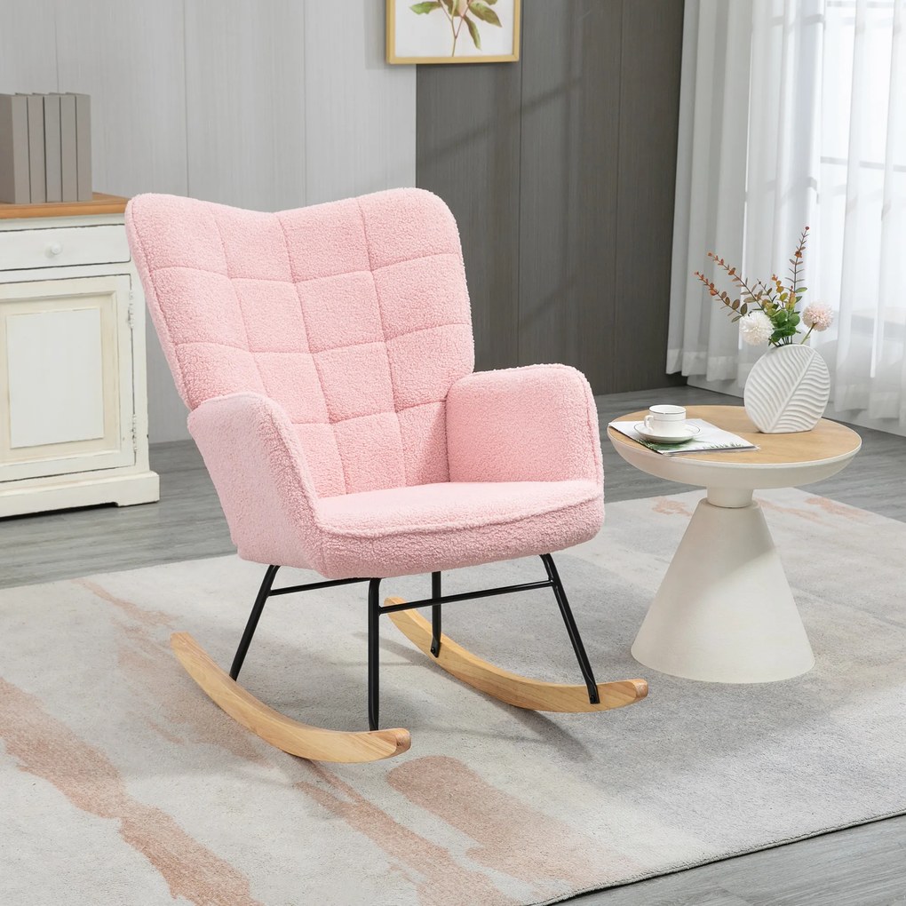 Cadeira Baloiço em Borrego com Oscilação de 40° Pés de Madeira de Faia e Estrutura de Aço 71x92x101 cm Rosa
