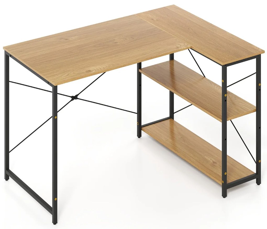 Secretária em forma de L com prateleira ajustável com estrutura metálica resistente para escritório em casa Castanho e Preta