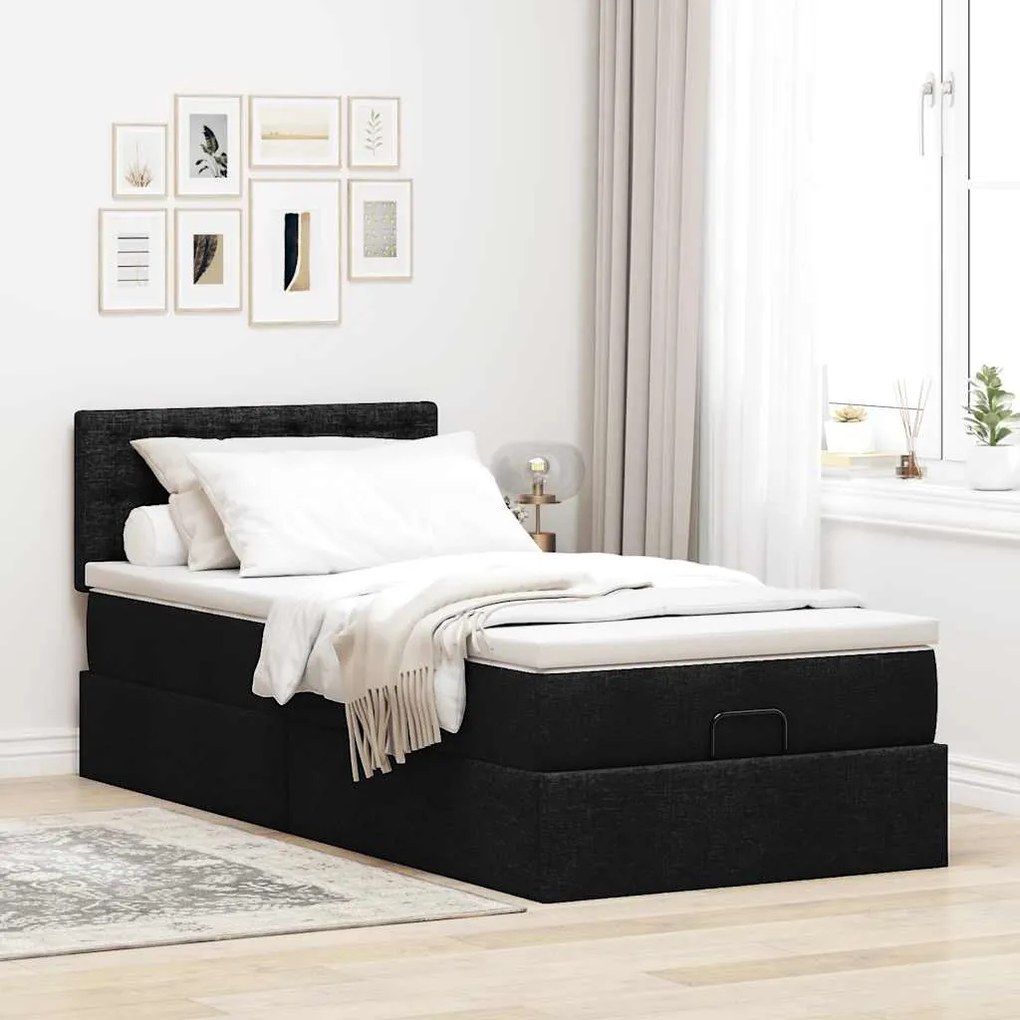 Cama otomana com colchão 90x200 cm tecido preto