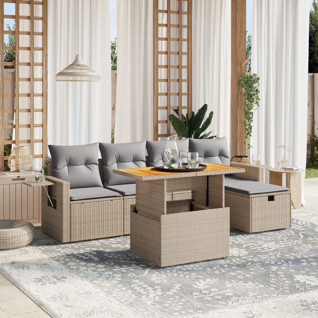 6 pcs conjunto de sofás p/ jardim com almofadões vime PE bege